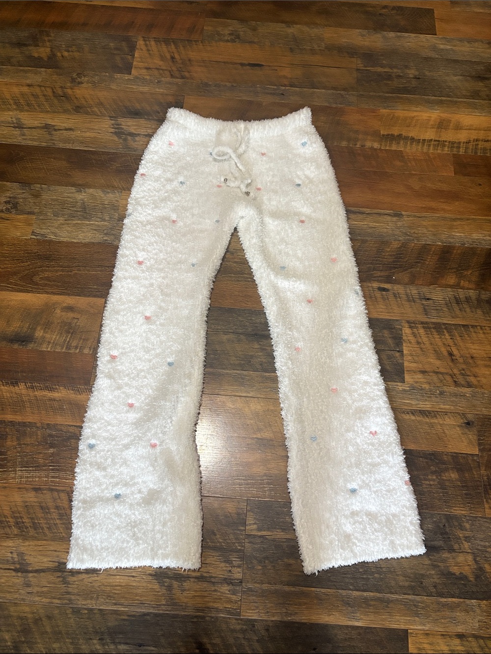 Lily Rain Berber Fleece White Pants with embroidered hearts